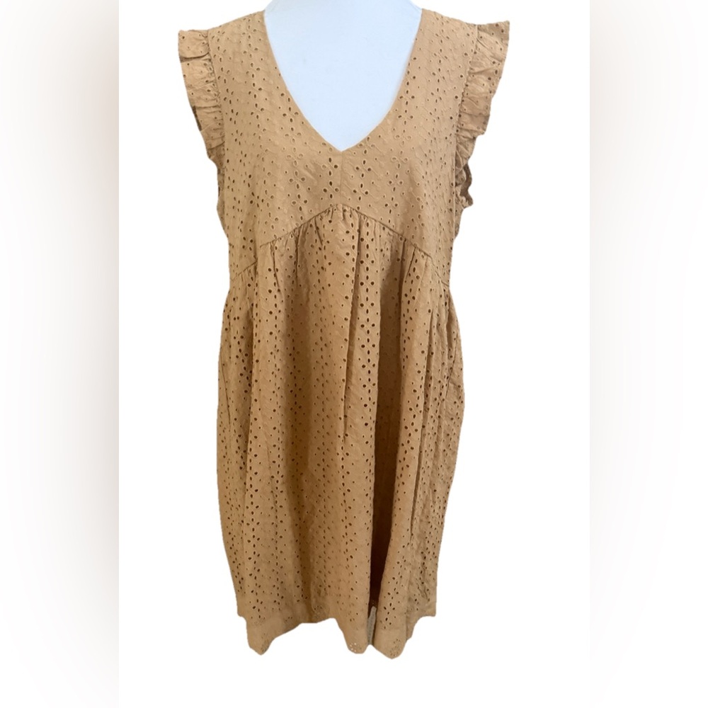 KNOX ROSE 100% Cotton Tan Eyelet Flutter Sleeve V-Neck Dress Medium